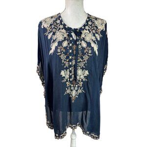 Johnny Was Women's M Oversized Embroidered Crinkle Chiffon Kimono Tunic Blue EUC